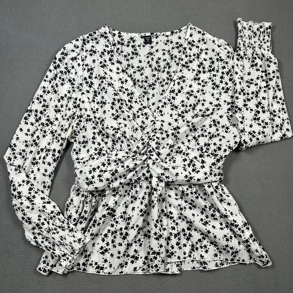 Shein Top Women 2XL White Black Floral Peplum V-Neck Twist Front Smocked Cuff